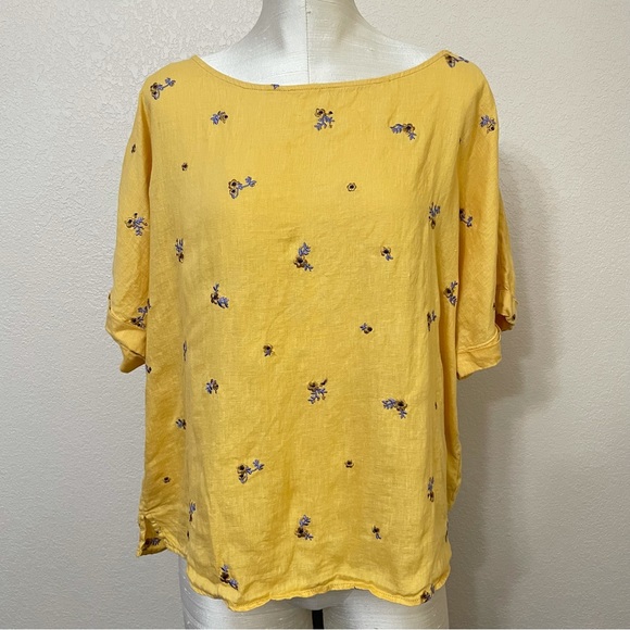 Cynthia Rowley Yellow 100% Linen Floral Print Top Size Large - Picture 2 of 9